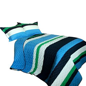 3 pc Horizontal Stripe Patchwork Quilt Set Cotton Vermicelli Quilted Bedding Set