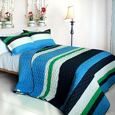 3 Piece Horizontal Stripe Patchwork Quilt Set Cotton Vermicelli Quilted Bedding Set