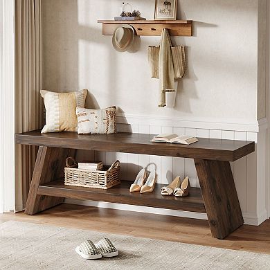 Solid Wood Entryway Bench Open Storage Shelf for Shoes Hallway Seating