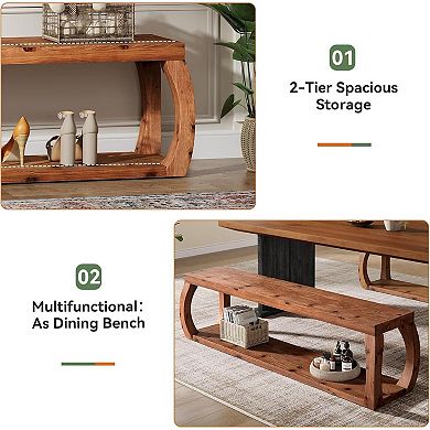 Long Wood Shoe Rack Bench Entryway Storage Bench with Open Shelves