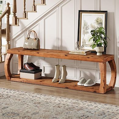 Long Wood Shoe Rack Bench Entryway Storage Bench with Open Shelves