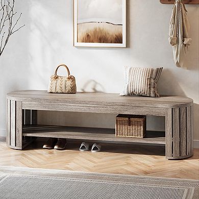 Narrow Entryway Bench with Shoe Rack Wood Look Hallway Storage Bench