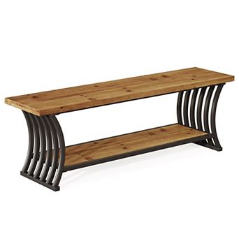 Industrial Entryway Bench Wood Look Top with Metal Frame and Shelf