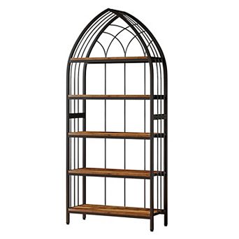 5 tier Bookshelf 74 Inch Curved Wood and Metal Frame Storage Shelf