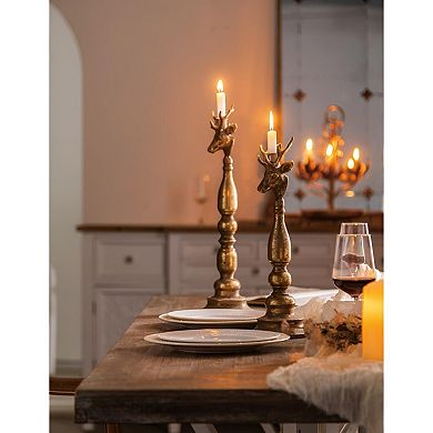 Antique Brass Deer Head Candle Holder Taper Stand Tall Decorative Set for Home Decor