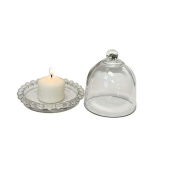 Glass Dome Display Cloche with Base Candle and Decorative Accent Cover for Tabletop Shelf