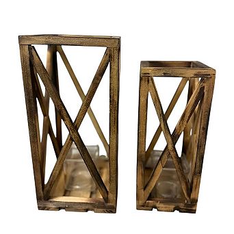 Set of 2 Wooden Lanterns with Glass Votive Holders for Tabletop Candle Display and Home Décor