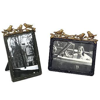 Pewter Vertical Picture Frame with Bird Accent Metal Glass Home Decor Frame