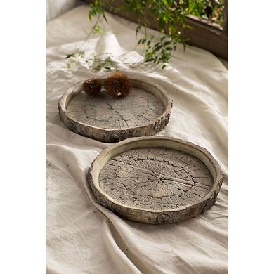 Round Cast Cement Tray Faux Wood Look Decorative Coffee Table Tray