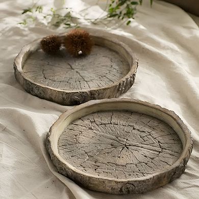Round Cast Cement Tray Faux Wood Look Decorative Coffee Table Tray