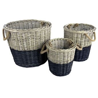 Round Woven Willow Storage Basket Set of 3 Rope Handle Laundry Bins