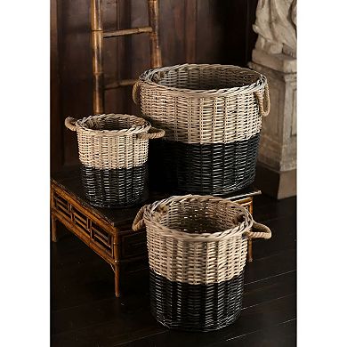 Round Woven Willow Storage Basket Set of 3 Rope Handle Laundry Bins