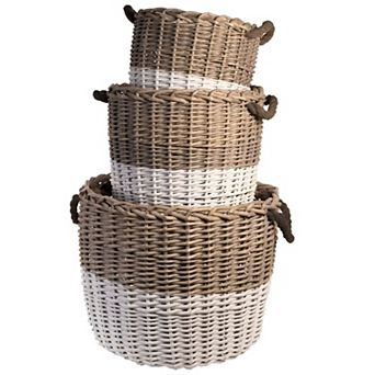 3 pc Nesting Woven Willow Storage Basket Set, Rope Handle Bins for Home Organization