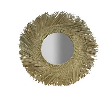 Round Seagrass Wall Mirror with Woven Natural Frame for Boho Living Room and Entryway Décor