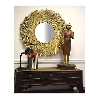 Round Seagrass Wall Mirror with Woven Natural Frame for Boho Living Room and Entryway Décor