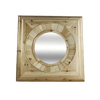Square Pine Wood Wall Mirror with Round Center Design for Living Room and Entryway Décor