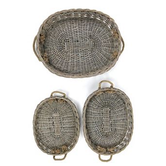 Set of 3 Oval Woven Willow Trays with Jute Handles for Serving and Storage