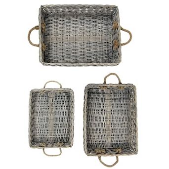 Set of 3 Rectangular Woven Willow Trays with Jute Handles for Serving and Storage