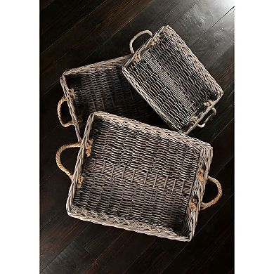 Set of 3 Rectangular Woven Willow Trays with Jute Handles for Serving and Storage