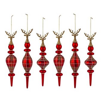 Plaid Deer Finial Glass Ornament Set of 6, Holiday Tree Garland Decor