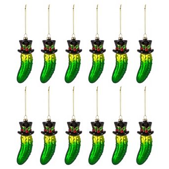 Set of 12 Glass Pickle in Top Hat Christmas Ornaments Tree Hanging Decor
