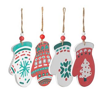 Set of 4 Nordic Pattern Wood Mitten Christmas Tree Ornaments Rustic Holiday Decor