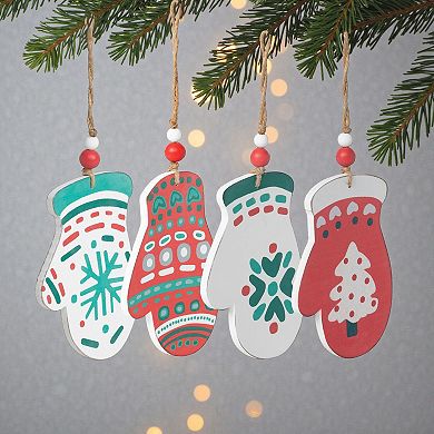 Set of 4 Nordic Pattern Wood Mitten Christmas Tree Ornaments Rustic Holiday Decor