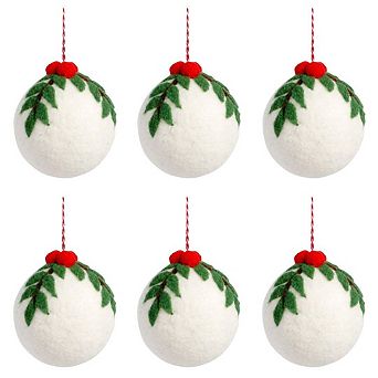 Set of 6 Wool Ball Christmas Ornaments Holly Top Tree Mantel Garland Decor