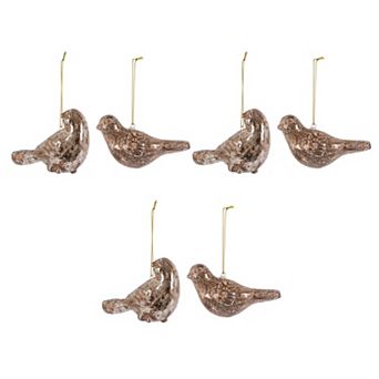 Handblown Glass Bird Ornaments Set of 6, Antiqued Finish, Holiday Tree Decor