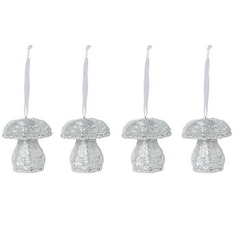 Alpine Glass Beaded Mushroom Ornament Set of 4 Holiday Tree Decorations