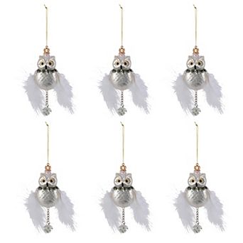 Set of 6 Snow Owl Christmas Ornaments Feather Hanging Tree Decor