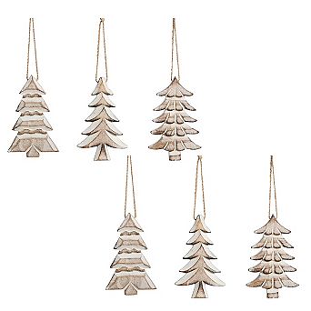 Set of 6 Carved Mango Wood Fir Tree Christmas Ornaments 3 Assorted Styles Tree Decor