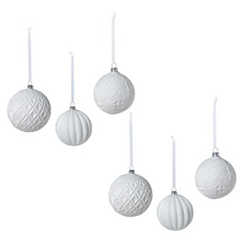Set of 6 Quilted Glass Ball Christmas Ornaments with Assorted Textured Patterns for Tree Decor
