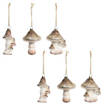 Set of 6 Glass Iced Mushroom Christmas Ornaments 3 Assorted Woodland Tree Decor