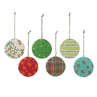 6 pc 12 Days of Christmas Wooden Disk Ornaments with Assorted Holiday Artwork