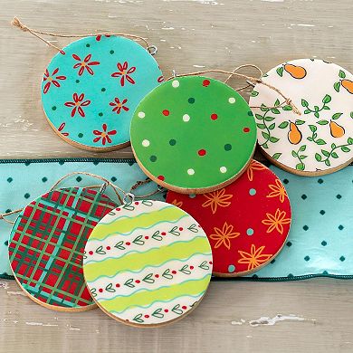6Pc 12 Days of Christmas Wooden Disk Ornaments with Assorted Holiday Artwork