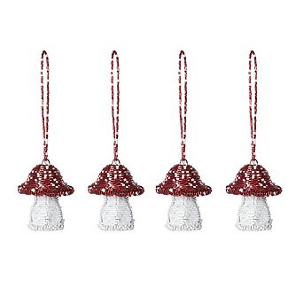 Set of 4 Capped Beaded Mushroom Christmas Ornaments Woodland Tree Decor