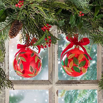 Beaded Leaf Pattern Glass Christmas Ornament Set of 6, Hanging Tree Decorations 2 Assorted Styles