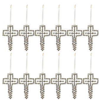 Set of 12 Ornate Cross Christmas Ornaments with Gem Inspired Acrylic Accent Details