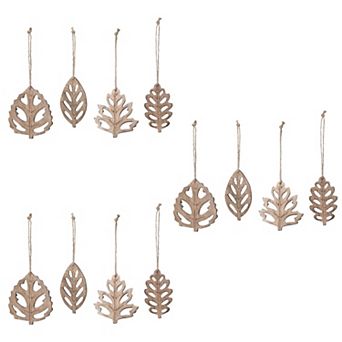 Set of 12 Assorted Wood Carved Forest Leaf Christmas Ornaments for Holiday Decor