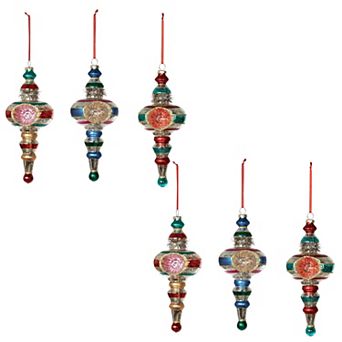 Set of 6 Assorted Retro Reflector Ball Finial Glass Christmas Ornaments for Tree Decor