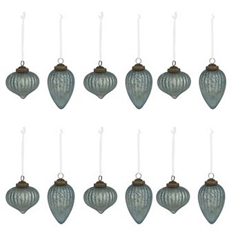 Set of 12 Assorted Glass Onion and Drop Ornaments with Ribbed Fluted Design for Christmas Decorating