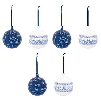 Set of 6 Assorted Glass Ball Ornaments with Arrow and Floral Print for Holiday Decorating