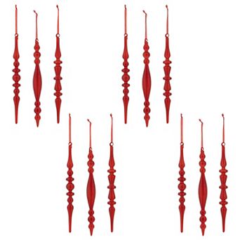 Set of 12 Assorted Glass Icicle Finial Ornaments with Ruby Red Finish for Holiday Decorating