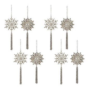 Set of 8 Assorted Opal Gem Snowflake Christmas Ornaments with Tassel Details for Holiday Tree Decor