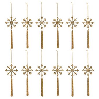 Set of 12 Beaded Golden Snowflake Ornaments with Tassel Details for Holiday Tree Decor