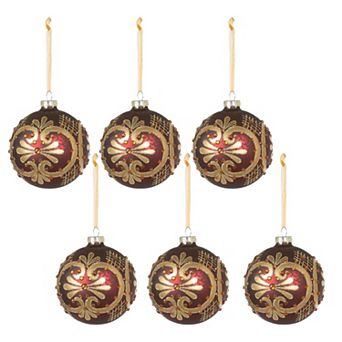 6 pc Ruby Beaded Pattern Glass Ball Christmas Ornaments with Glitter Finish for Tree Decor