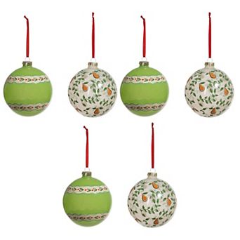 6 pc Assorted Glass Ball Christmas Ornaments with Partridge in a Pear Tree Design and Painted Details