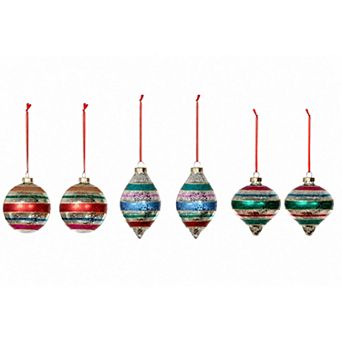 Set of 6 Assorted Retro Stripe Glass Ball, Drop and Onion Finial Christmas Ornaments for Tree Decor