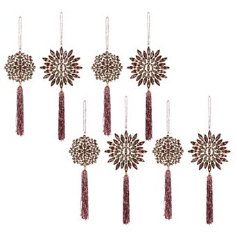 8 pc Assorted Beaded Snowflake Christmas Ornaments with Gem Inspired Accents for Holiday Tree Decor